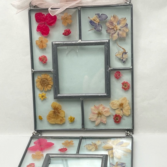 VTG Pressed Dried Flower Glassleaded Hanging Triple Frame Bohemian Chic 20” Long - Picture 4 of 7